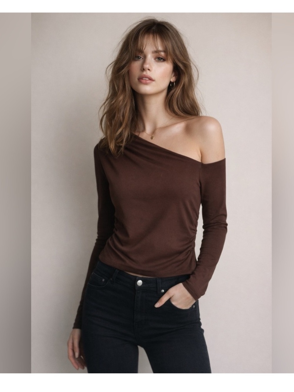 J.Crew Asymmetrical off-the-shoulder top in stretch cotton blend in French press